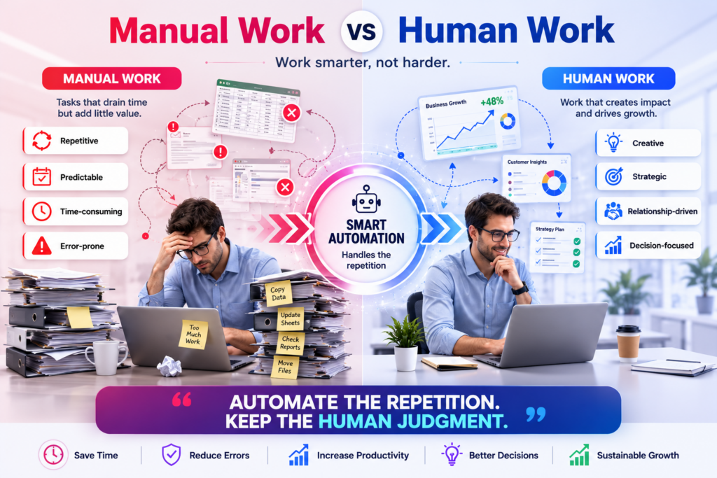 Manual work and business growth showing how technology can free employees for higher-value human work
