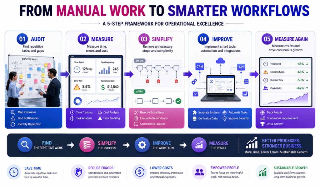 Manual work and business growth framework for auditing, simplifying, and improving business workflows