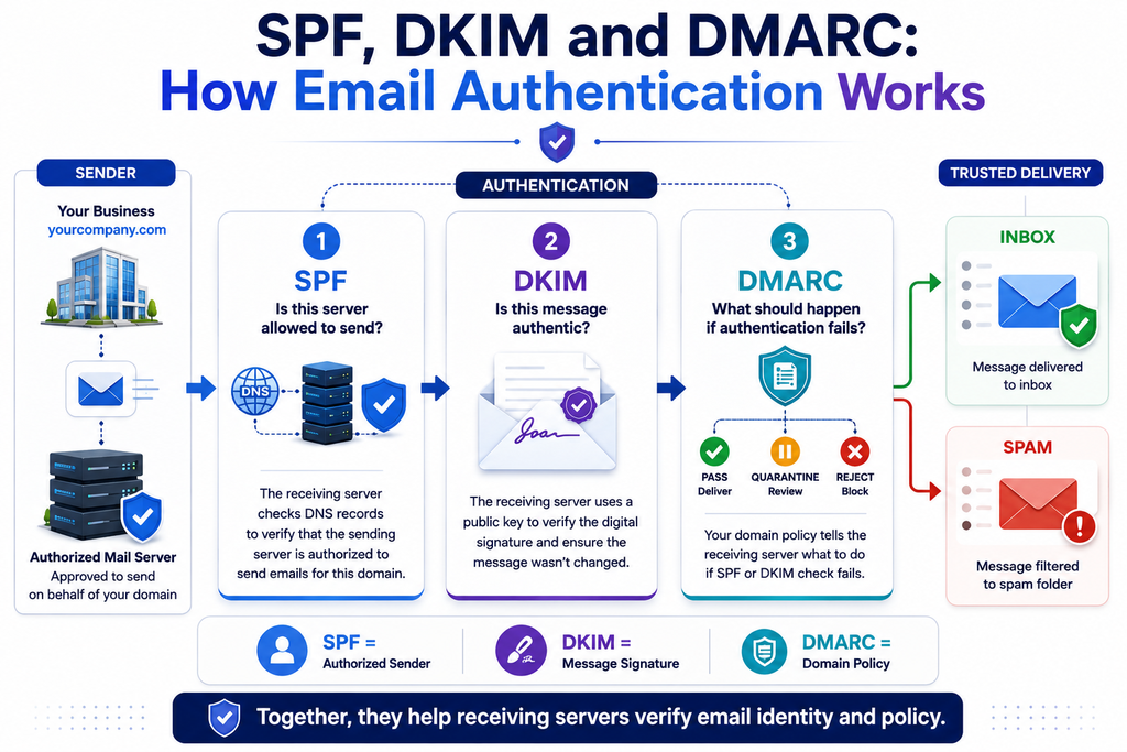 SPF DKIM and DMARC explained as three email authentication checks