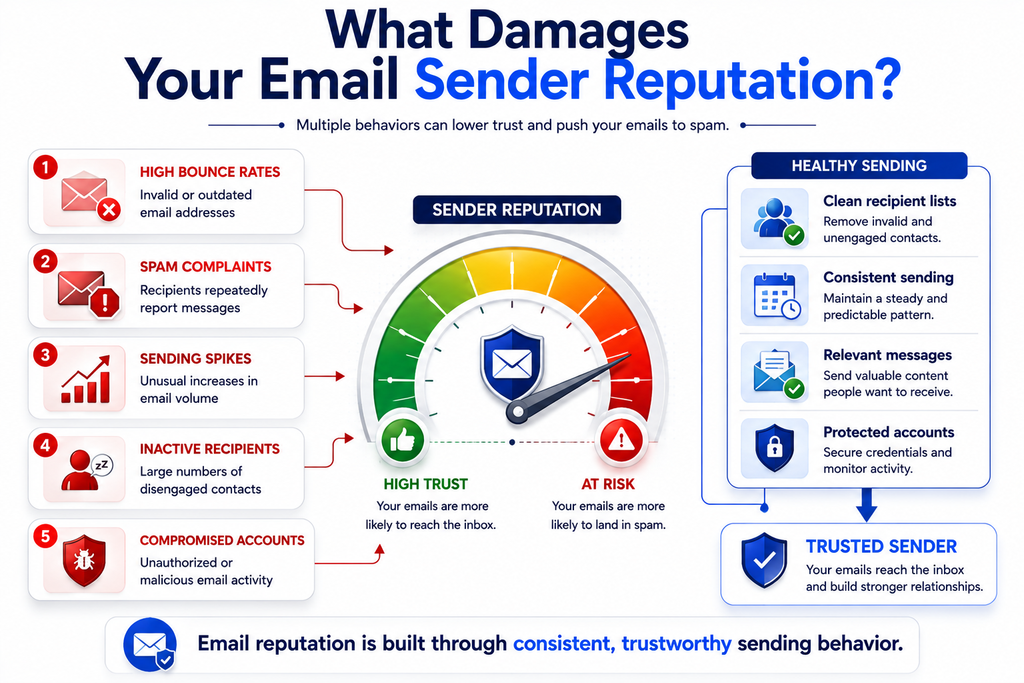 Factors that damage email sender reputation and reduce business email deliverability