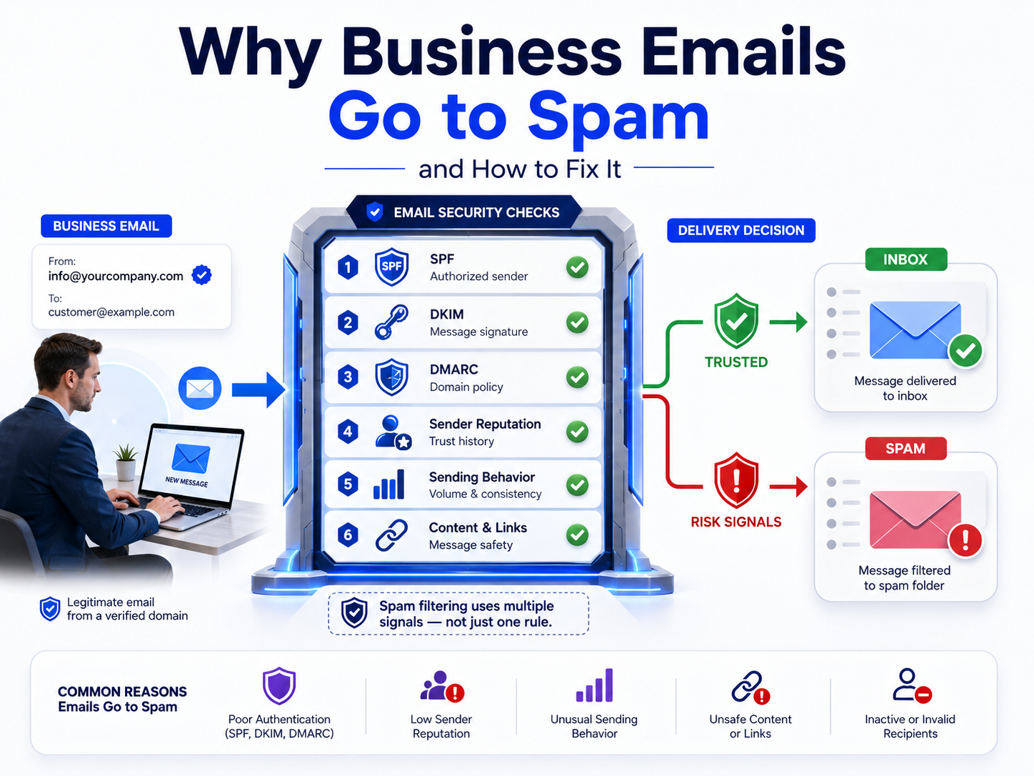 Why business emails go to spam due to authentication, reputation, sending behavior, and security signals
