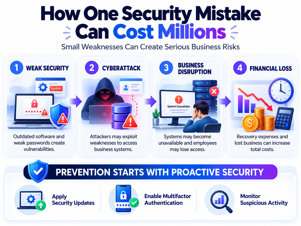 Technology mistakes that cost businesses millions, showing how weak security can lead to cyberattacks, business disruption, and financial losses.