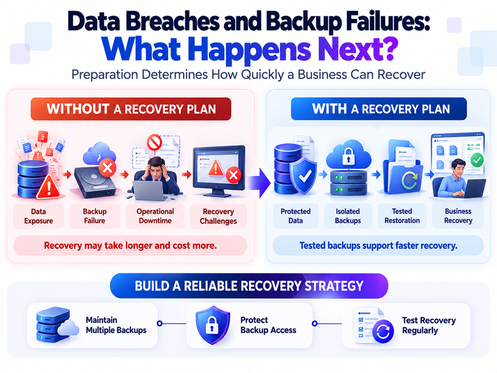 Technology mistakes that cost businesses millions, comparing data breach and backup failure risks with protected backups and tested recovery procedures.