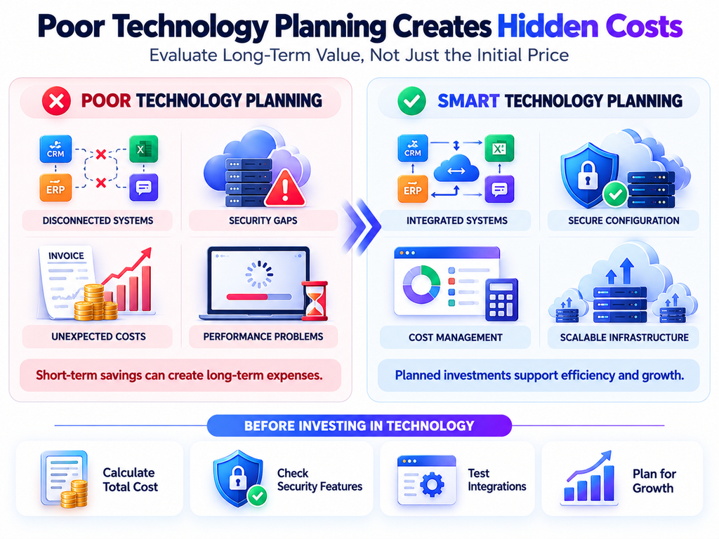 Technology mistakes that cost businesses millions, comparing poorly planned technology investments with secure, integrated, and scalable business systems.
