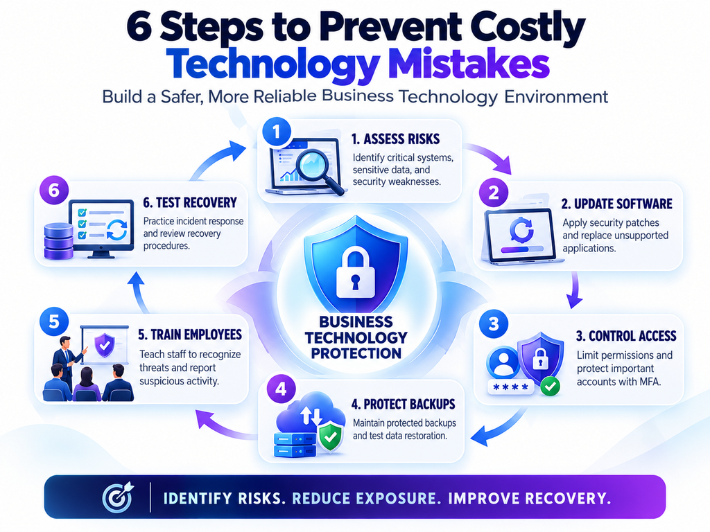 Technology mistakes that cost businesses millions, with six prevention steps covering risk assessment, software updates, access control, backups, employee training, and recovery testing.