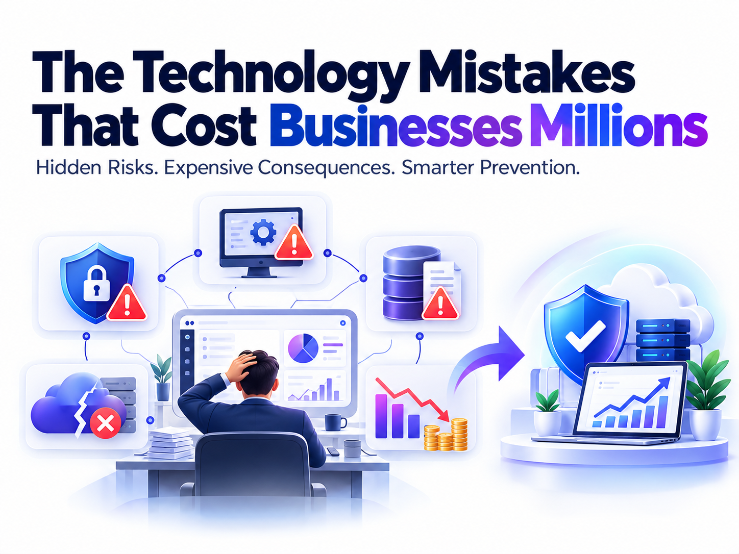 Technology mistakes that cost businesses millions, illustrated through cybersecurity risks, outdated software, data breaches, backup failures, and financial losses.